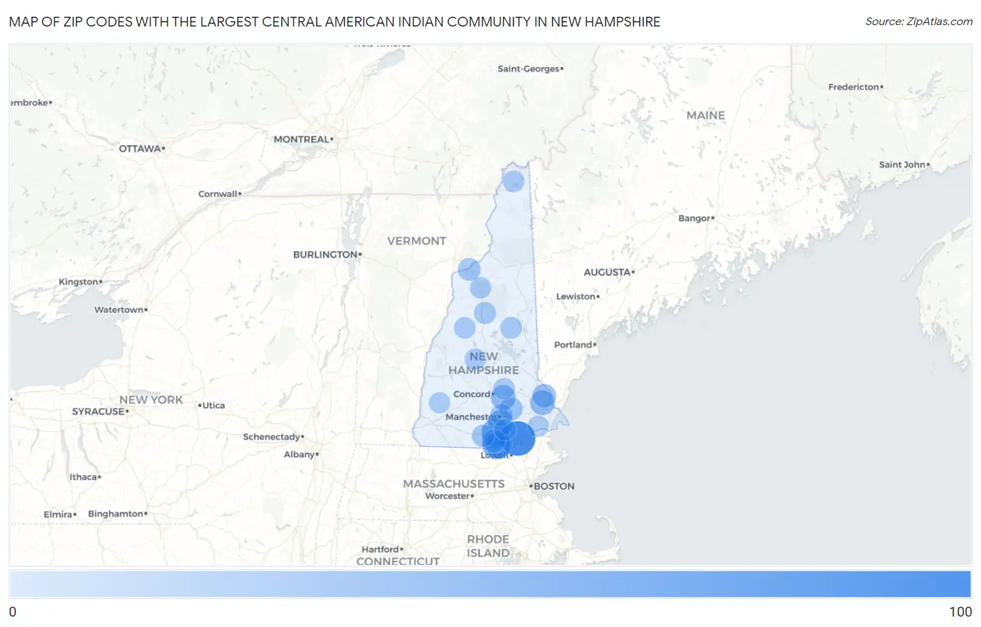 Zip Codes with the Largest Central American Indian Community in New Hampshire Map
