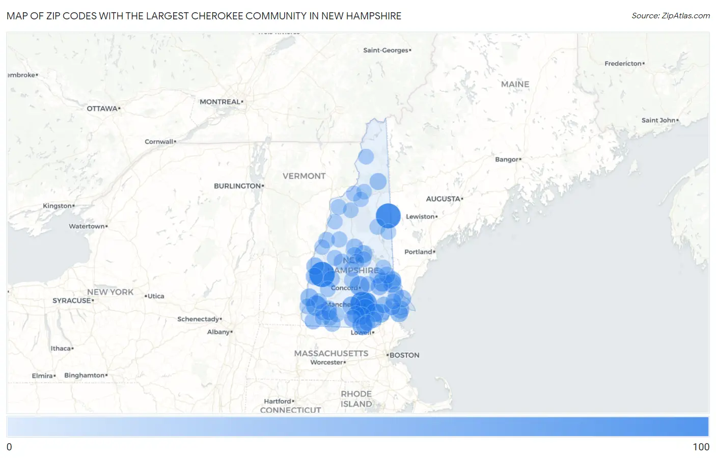 Zip Codes with the Largest Cherokee Community in New Hampshire Map