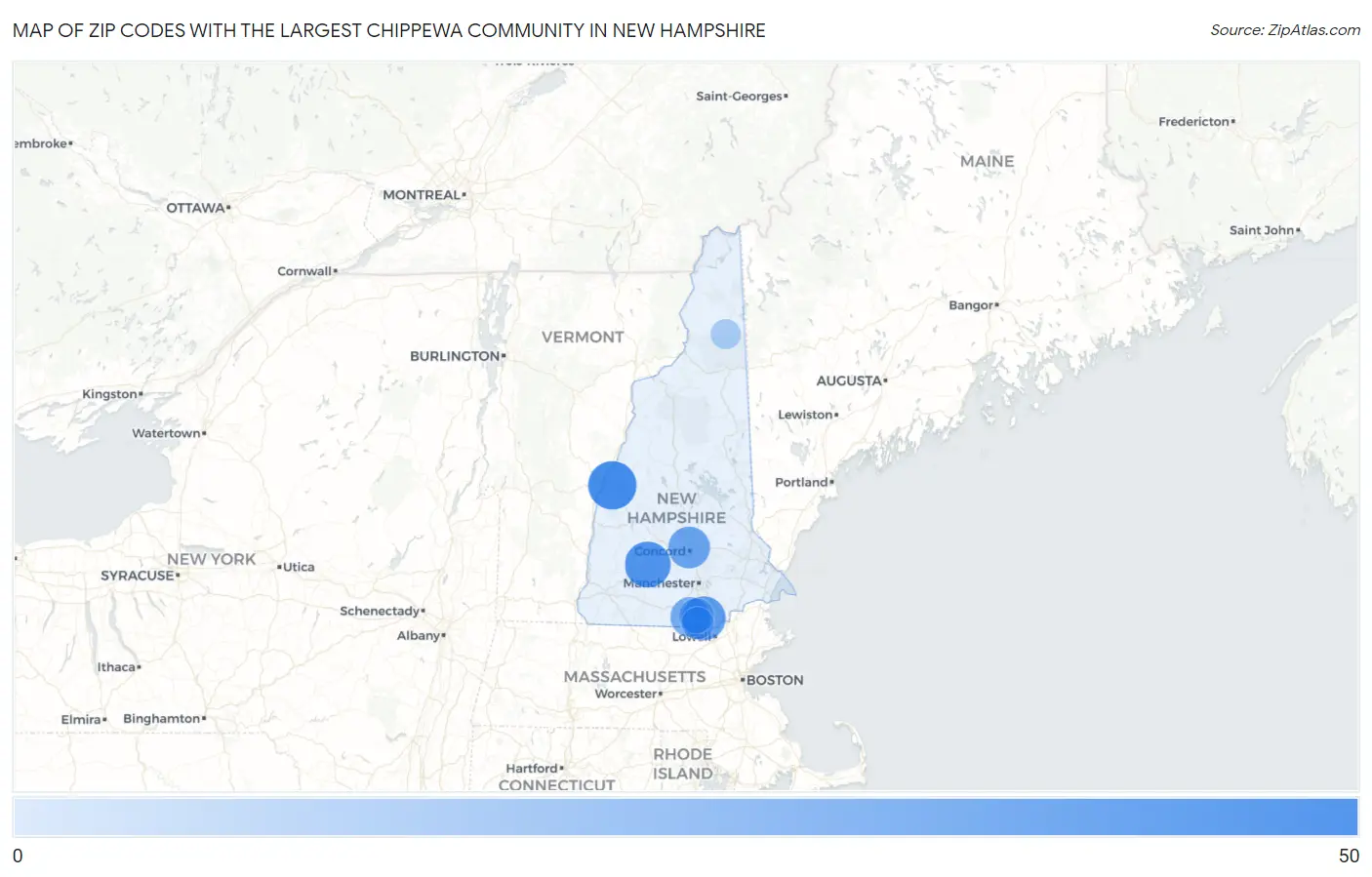 Zip Codes with the Largest Chippewa Community in New Hampshire Map
