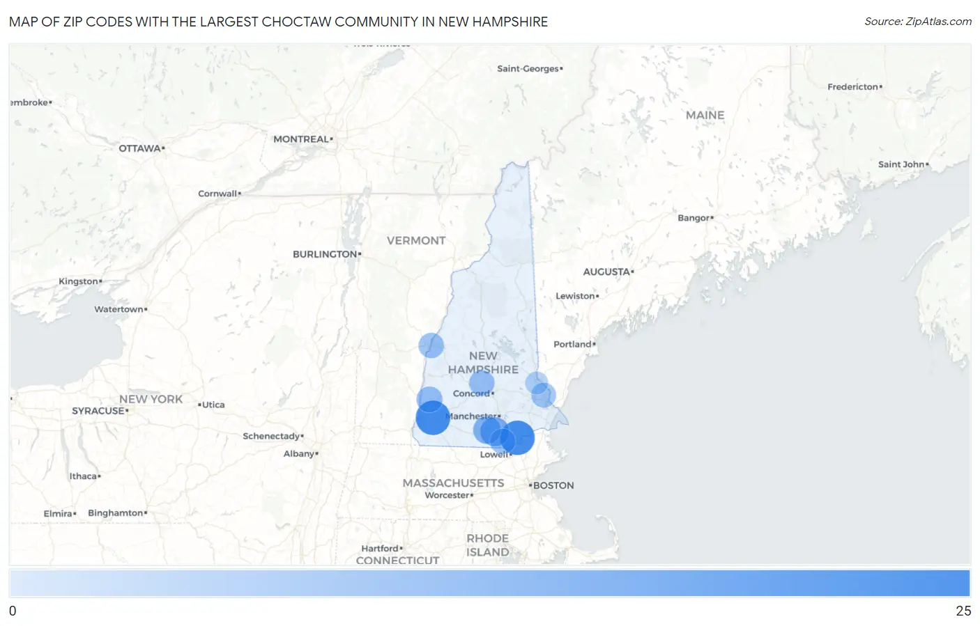 Zip Codes with the Largest Choctaw Community in New Hampshire Map