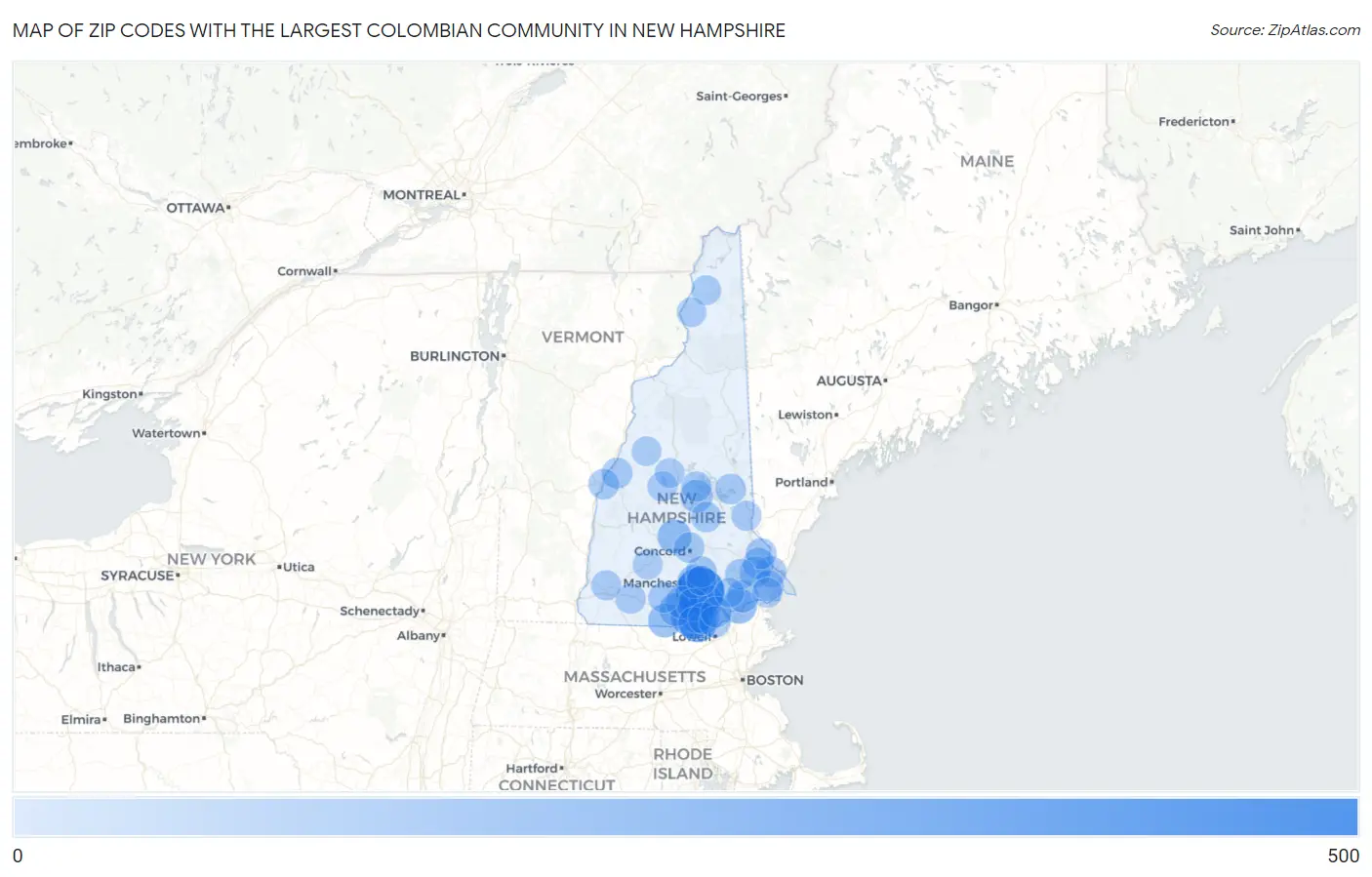 Zip Codes with the Largest Colombian Community in New Hampshire Map