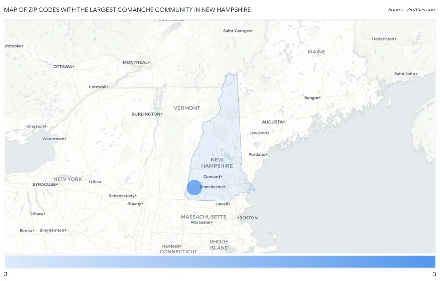 Zip Codes with the Largest Comanche Community in New Hampshire Map