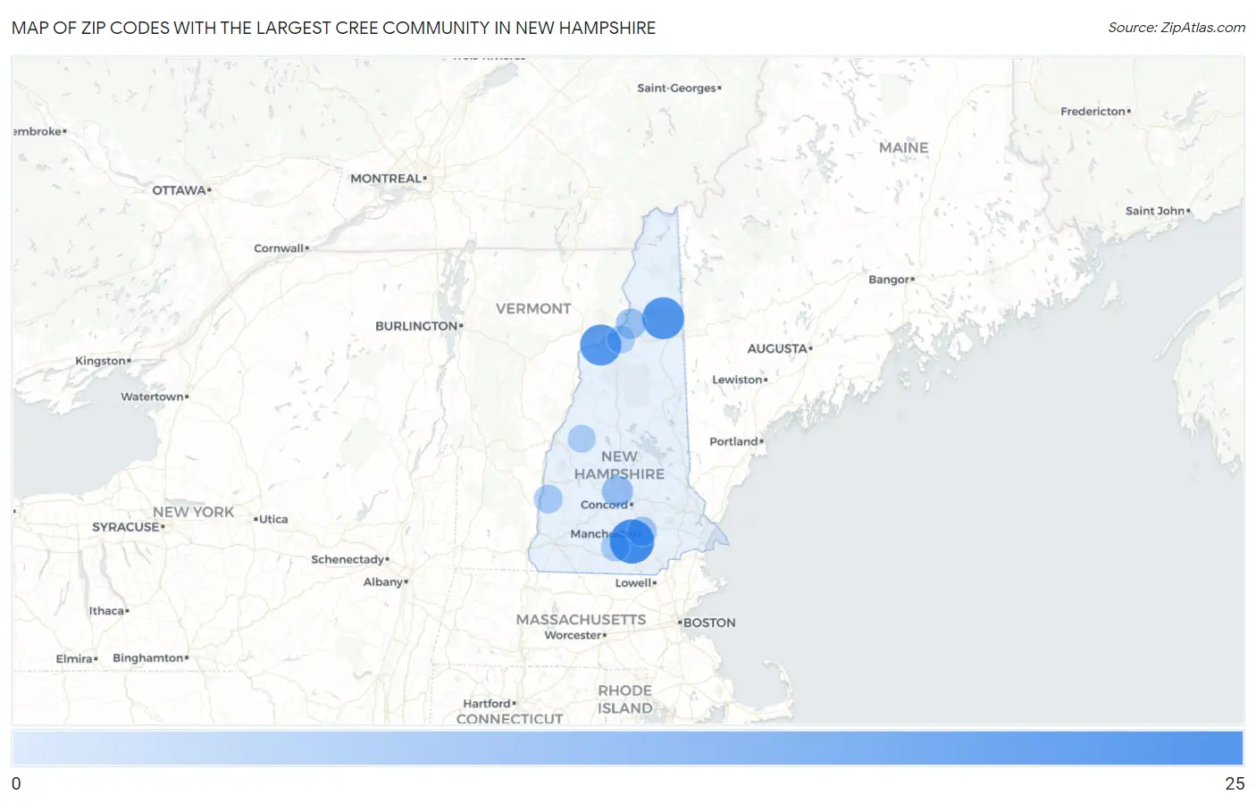 Zip Codes with the Largest Cree Community in New Hampshire Map