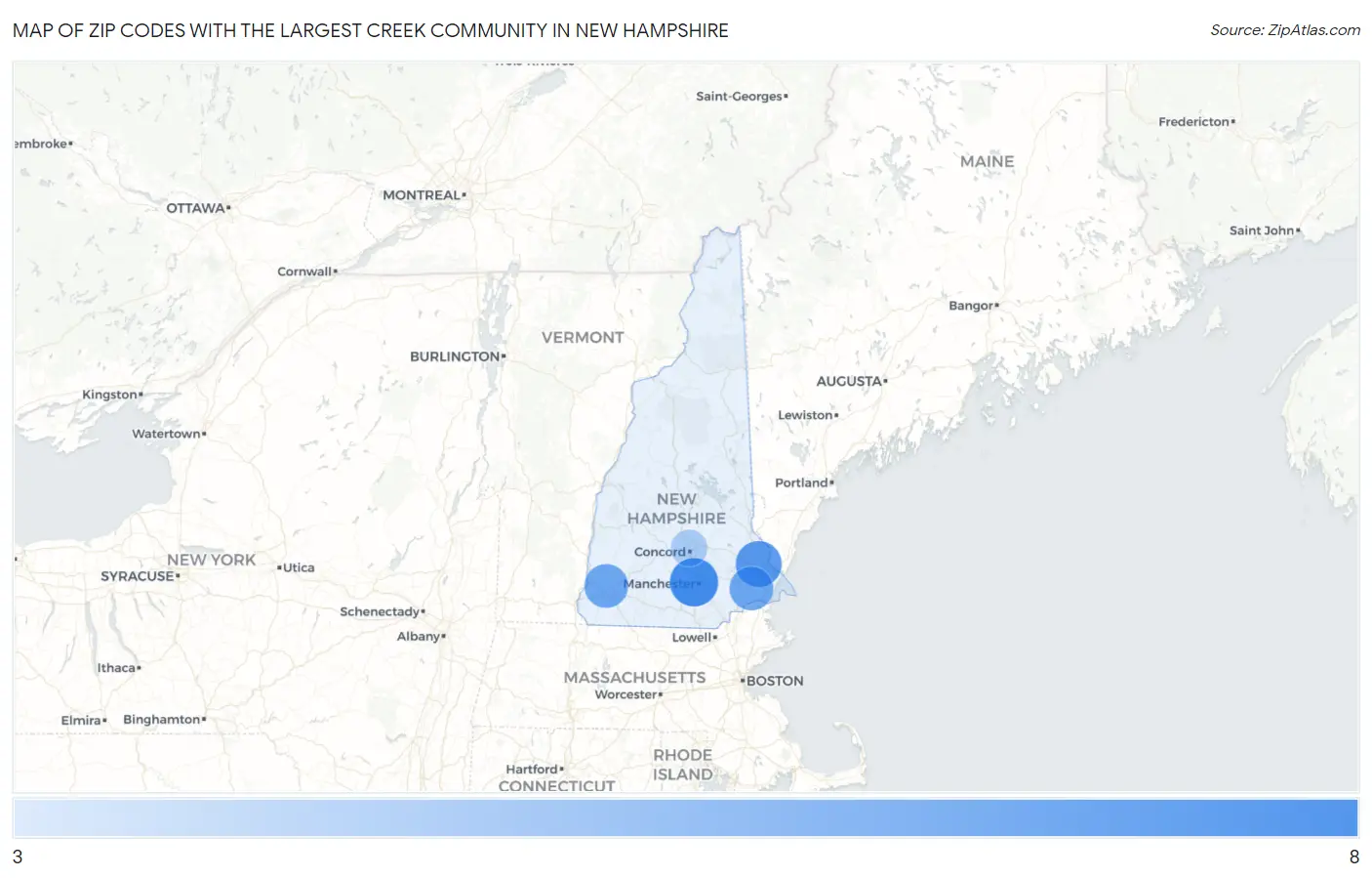 Zip Codes with the Largest Creek Community in New Hampshire Map