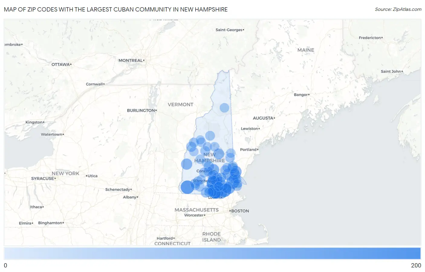 Zip Codes with the Largest Cuban Community in New Hampshire Map