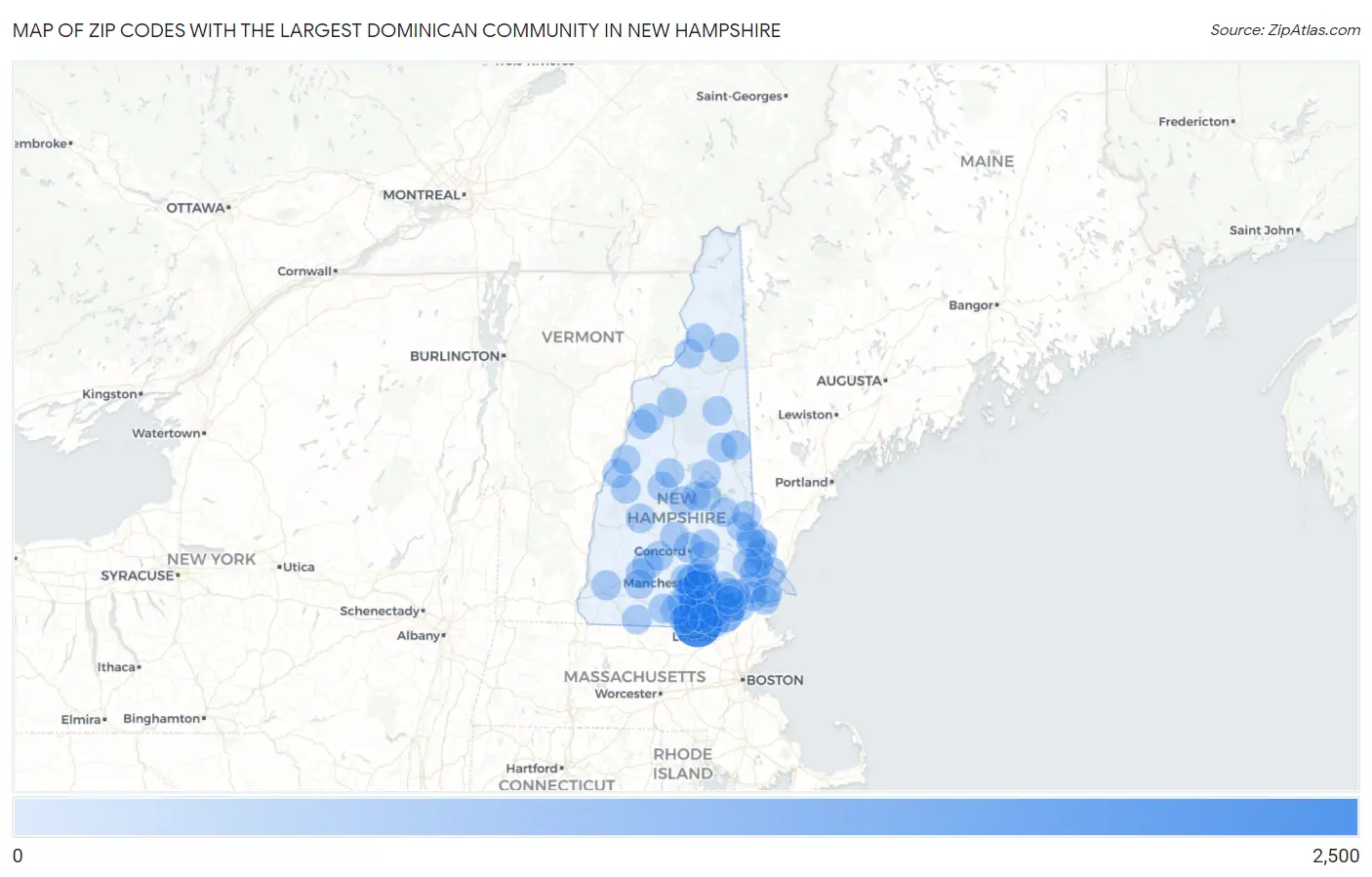 Zip Codes with the Largest Dominican Community in New Hampshire Map