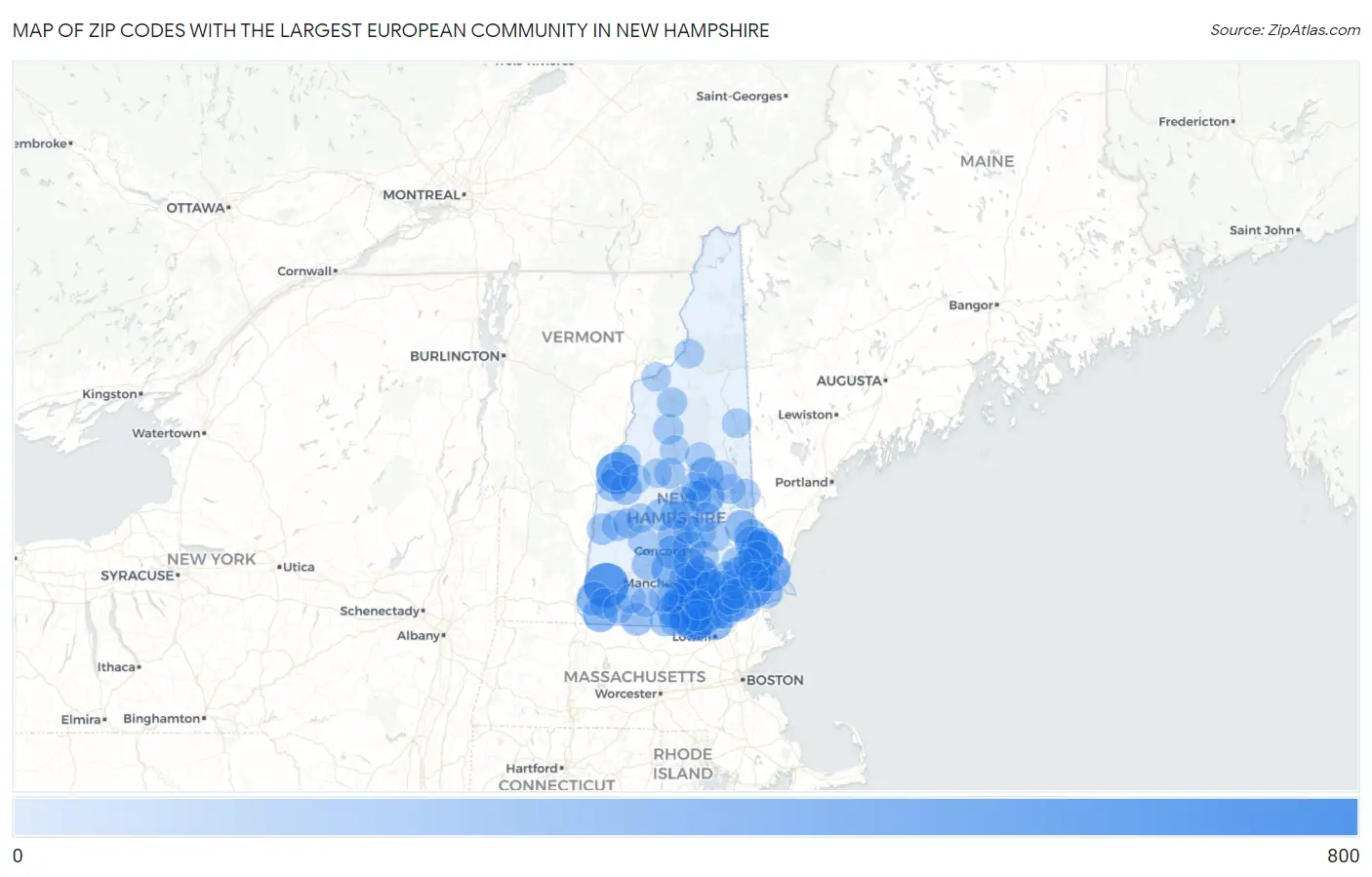 Zip Codes with the Largest European Community in New Hampshire Map