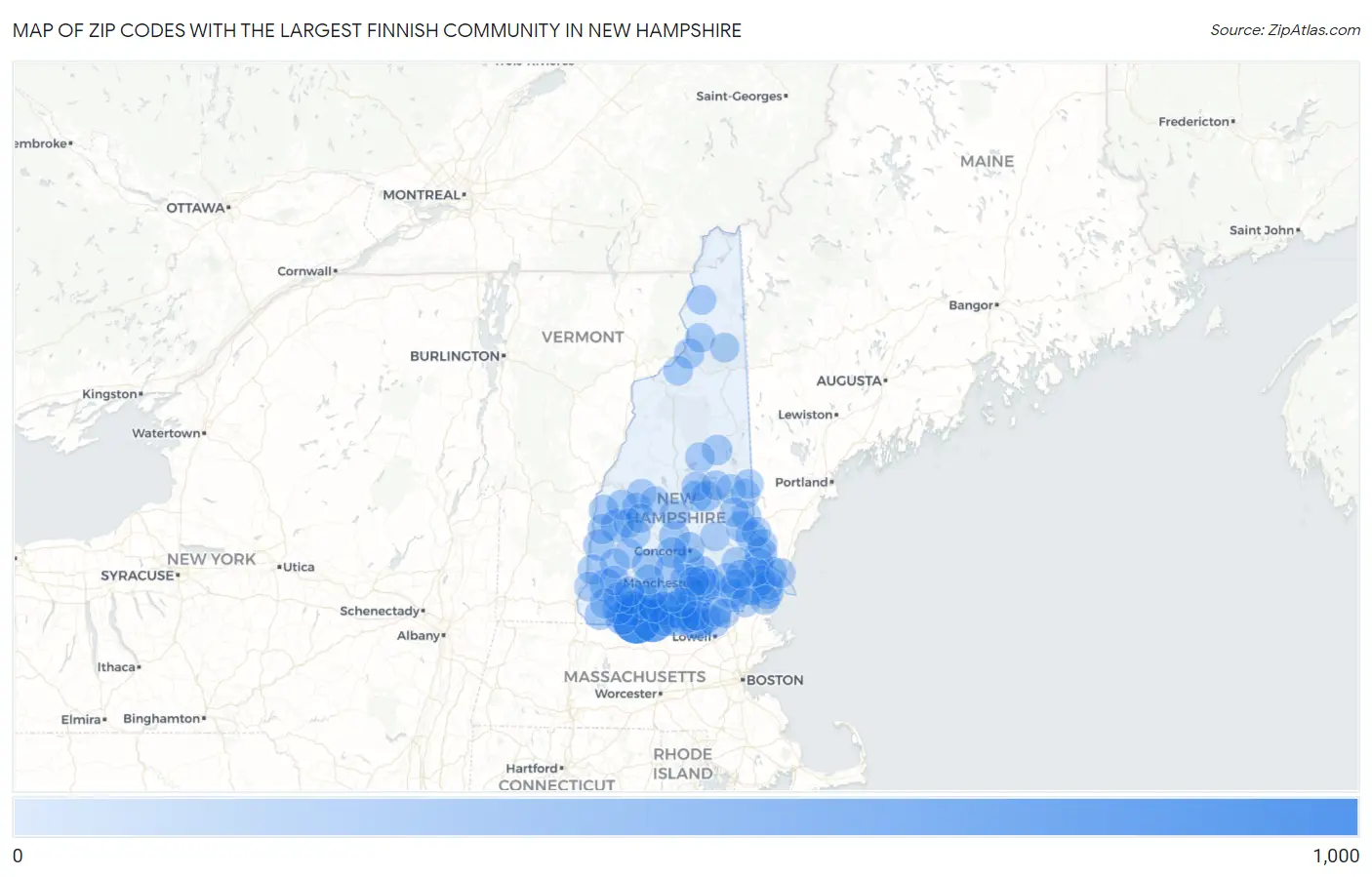 Zip Codes with the Largest Finnish Community in New Hampshire Map