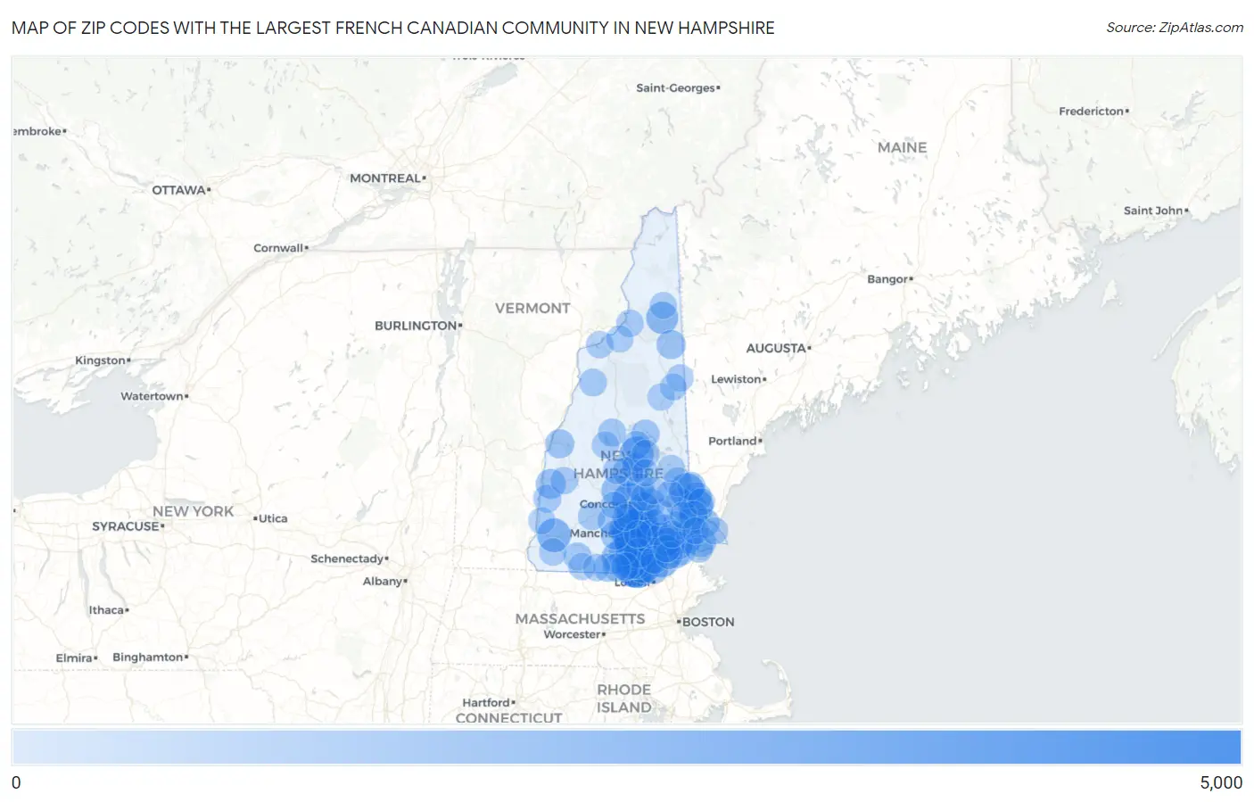 Zip Codes with the Largest French Canadian Community in New Hampshire Map
