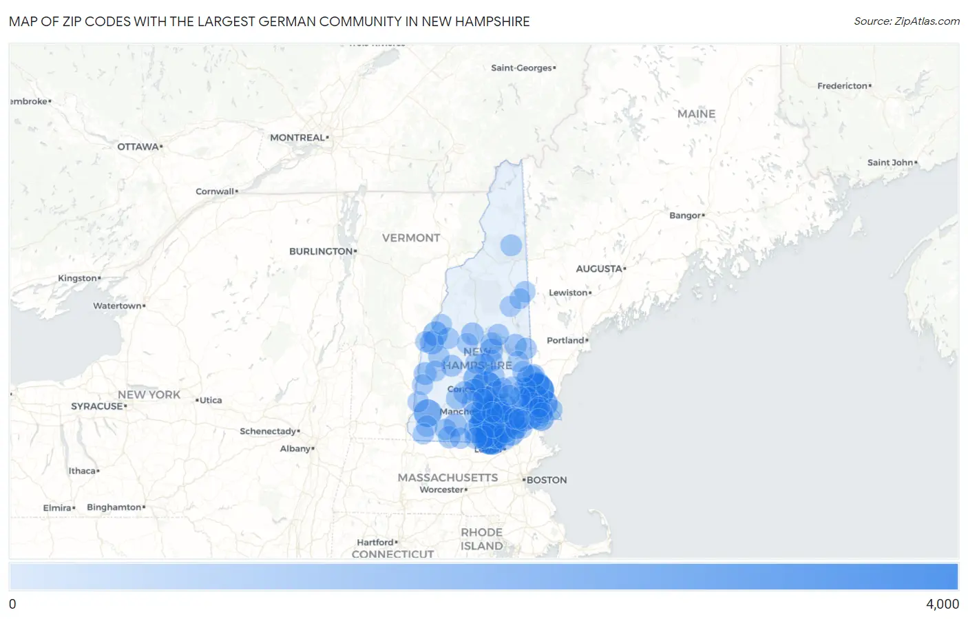 Zip Codes with the Largest German Community in New Hampshire Map