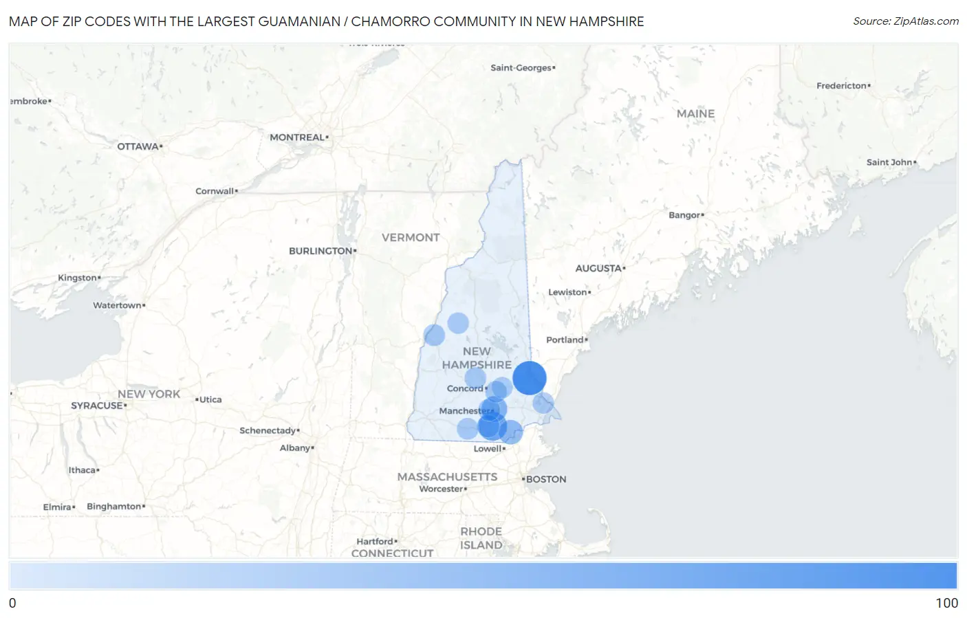 Zip Codes with the Largest Guamanian / Chamorro Community in New Hampshire Map