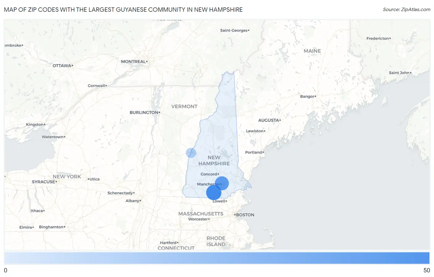 Zip Codes with the Largest Guyanese Community in New Hampshire Map