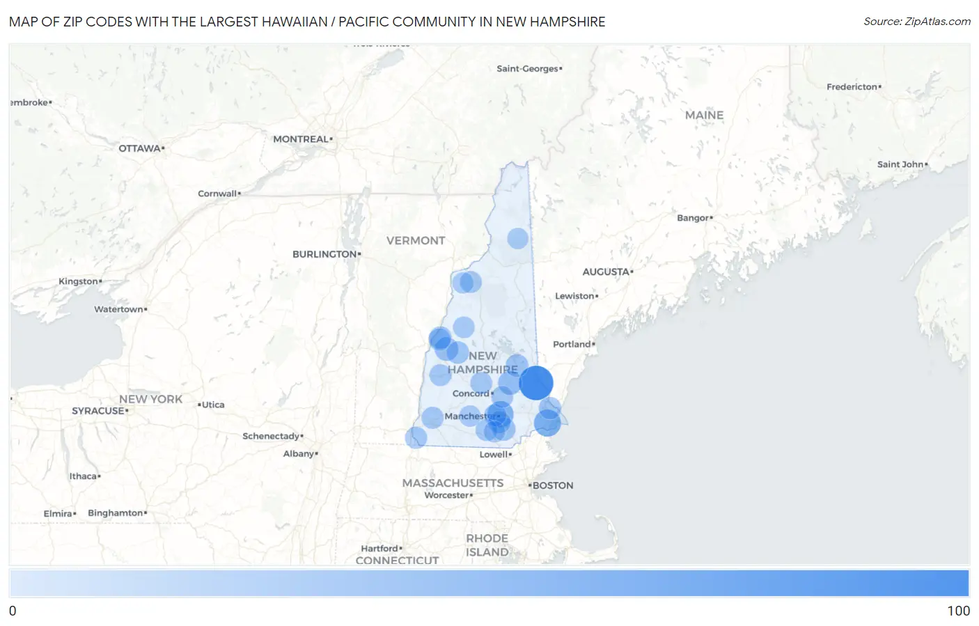 Zip Codes with the Largest Hawaiian / Pacific Community in New Hampshire Map