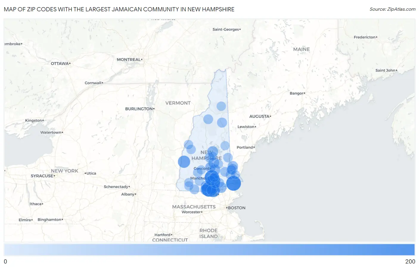 Zip Codes with the Largest Jamaican Community in New Hampshire Map