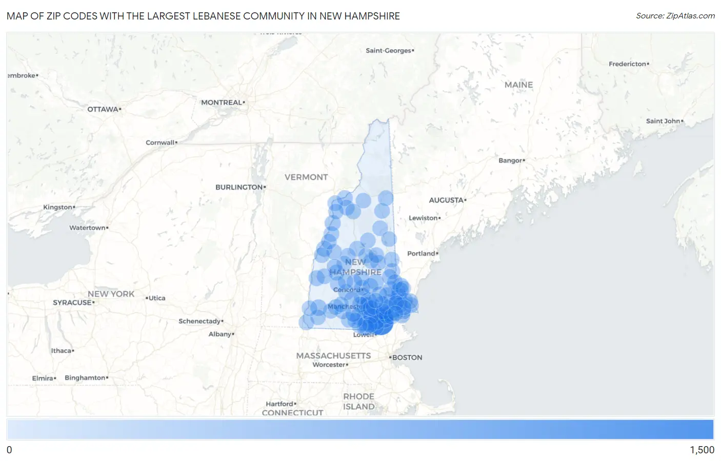 Zip Codes with the Largest Lebanese Community in New Hampshire Map