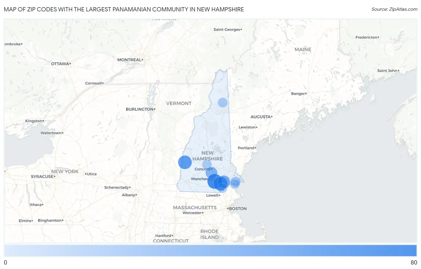 Zip Codes with the Largest Panamanian Community in New Hampshire Map