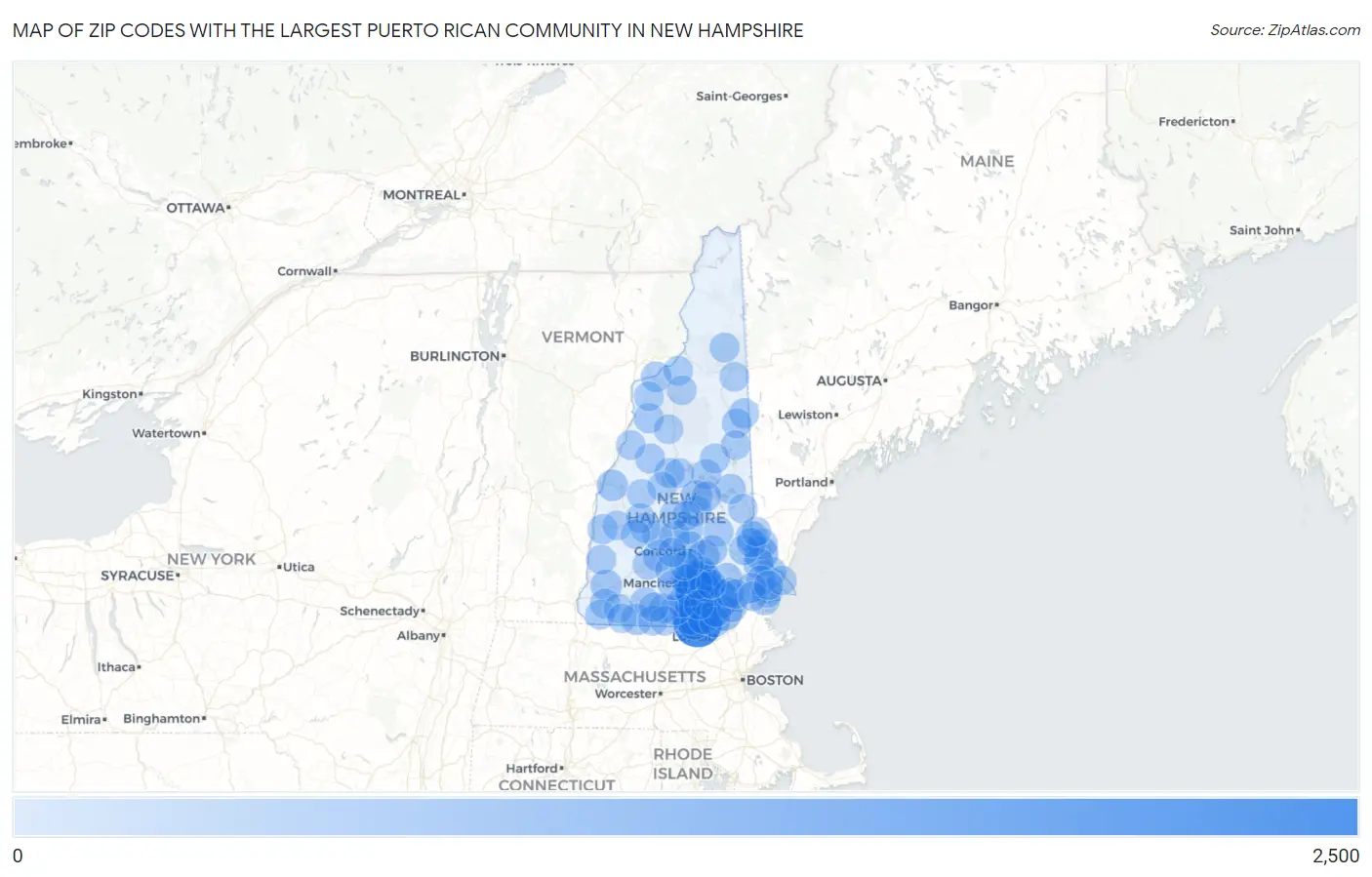 Zip Codes with the Largest Puerto Rican Community in New Hampshire Map