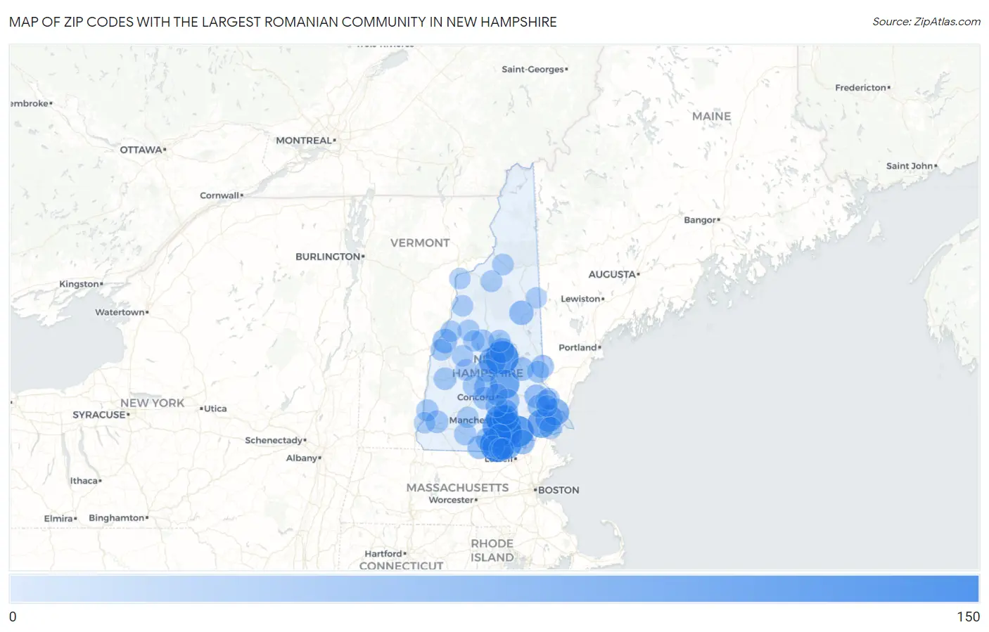 Zip Codes with the Largest Romanian Community in New Hampshire Map