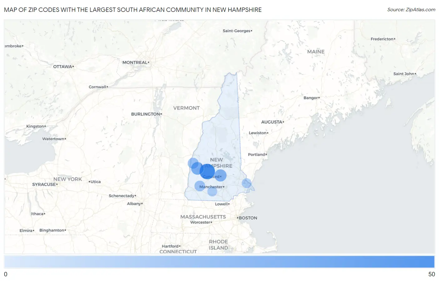 Zip Codes with the Largest South African Community in New Hampshire Map