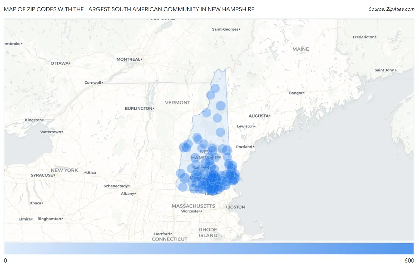 Zip Codes with the Largest South American Community in New Hampshire Map