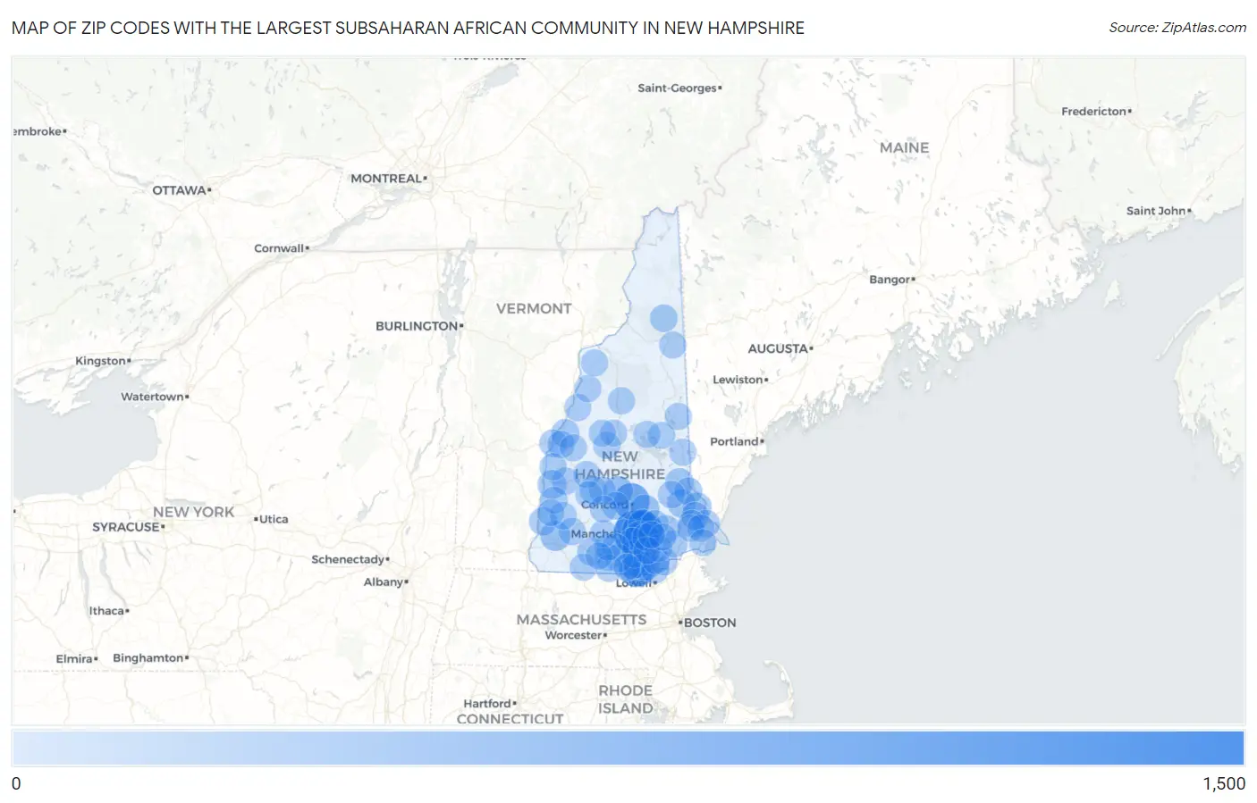 Zip Codes with the Largest Subsaharan African Community in New Hampshire Map