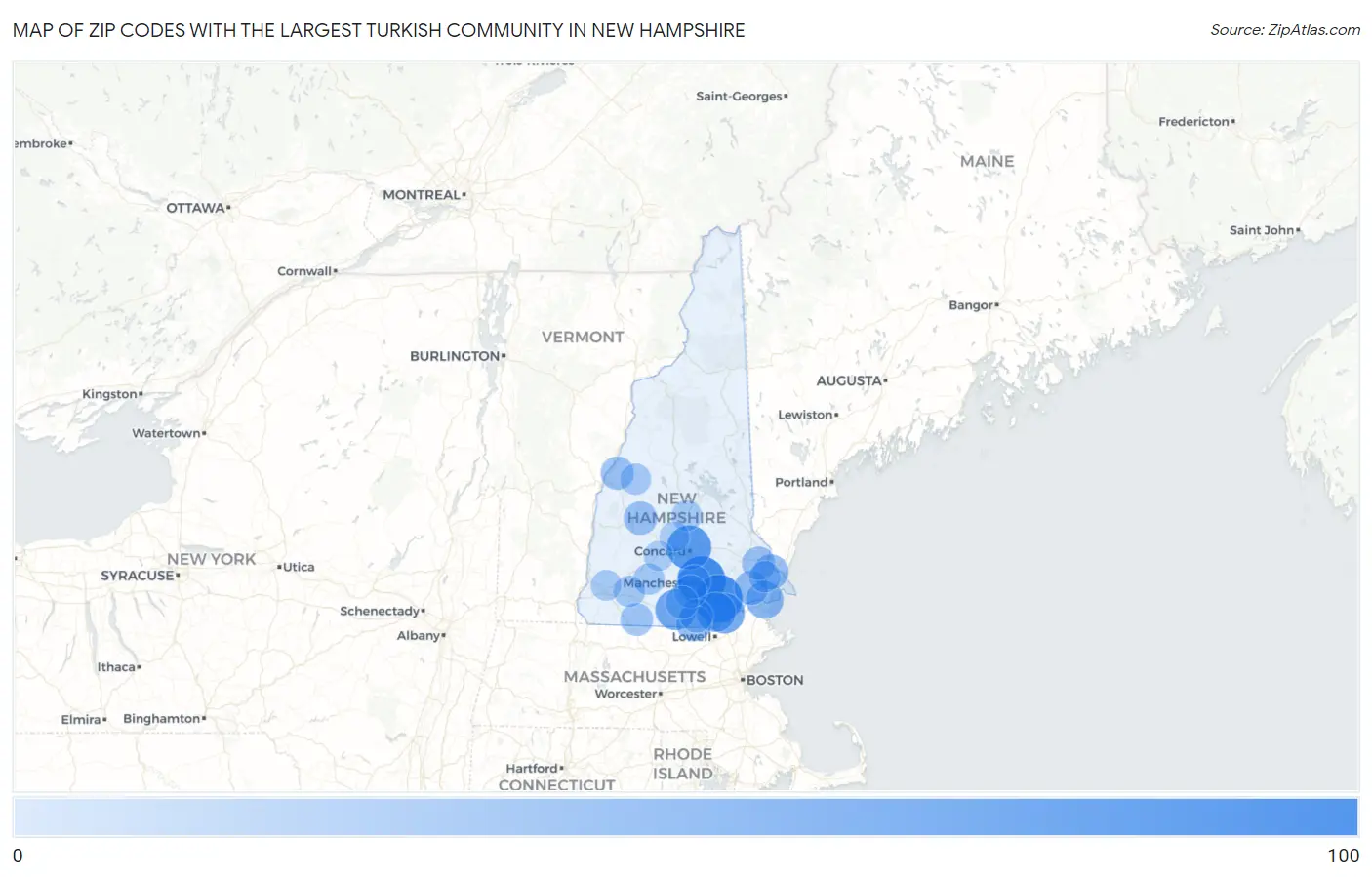 Zip Codes with the Largest Turkish Community in New Hampshire Map