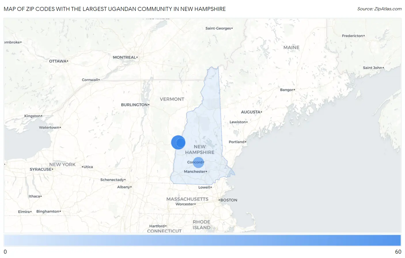 Zip Codes with the Largest Ugandan Community in New Hampshire Map