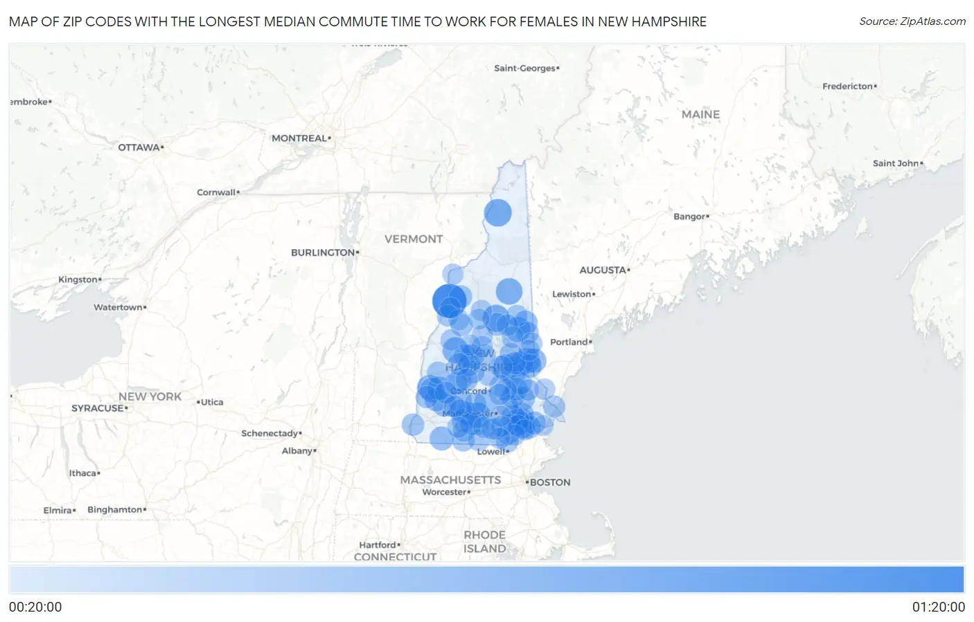 Zip Codes with the Longest Median Commute Time to Work for Females in New Hampshire Map