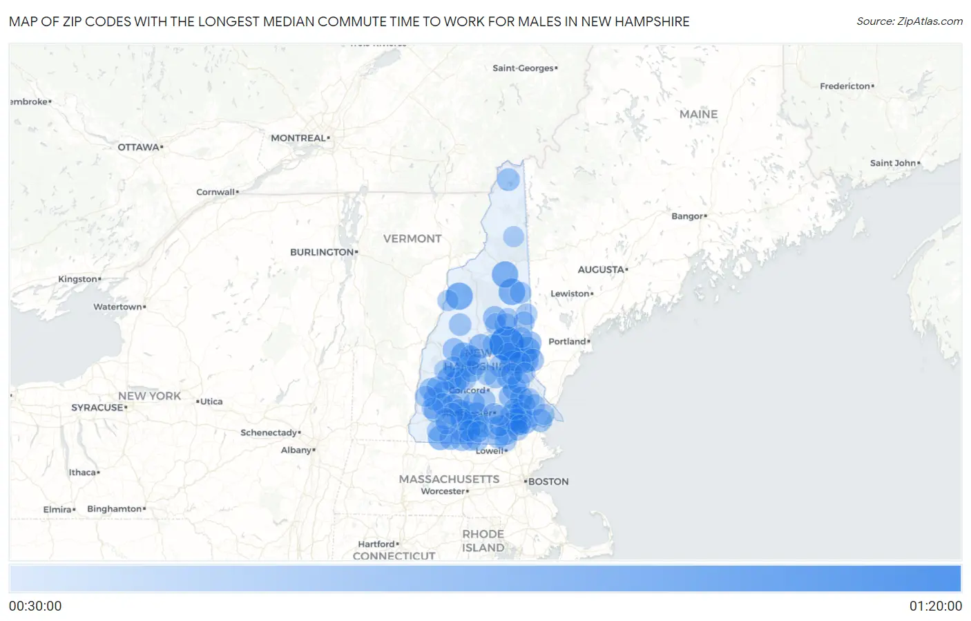 Zip Codes with the Longest Median Commute Time to Work for Males in New Hampshire Map