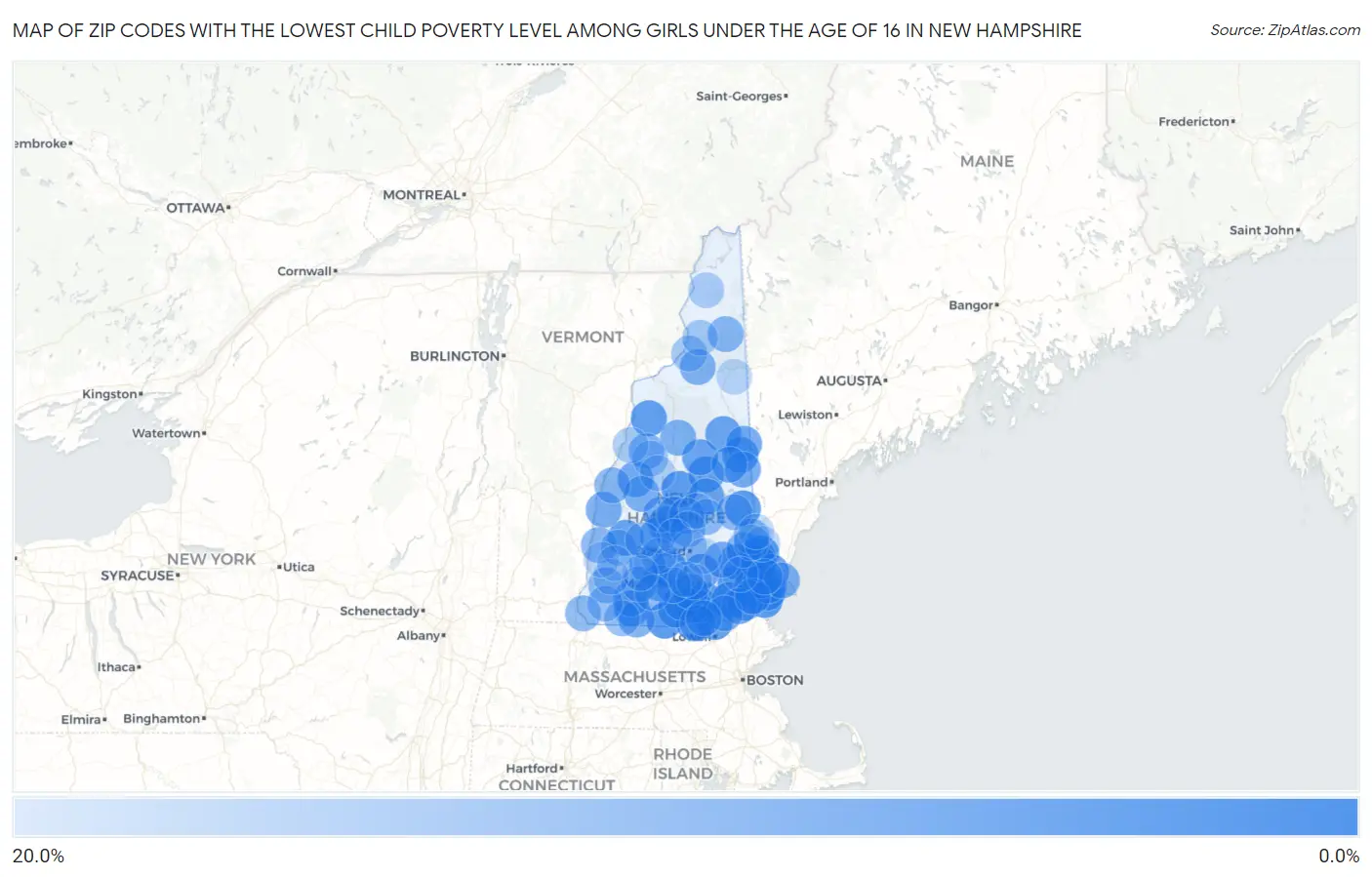 Zip Codes with the Lowest Child Poverty Level Among Girls Under the Age of 16 in New Hampshire Map