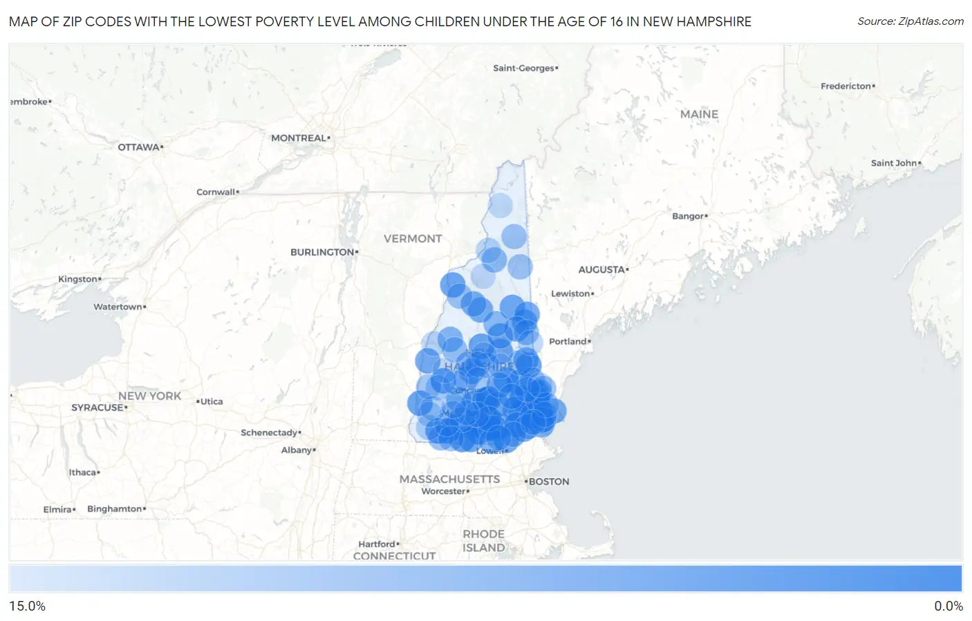Zip Codes with the Lowest Poverty Level Among Children Under the Age of 16 in New Hampshire Map