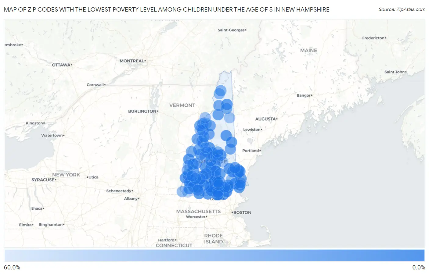 Zip Codes with the Lowest Poverty Level Among Children Under the Age of 5 in New Hampshire Map