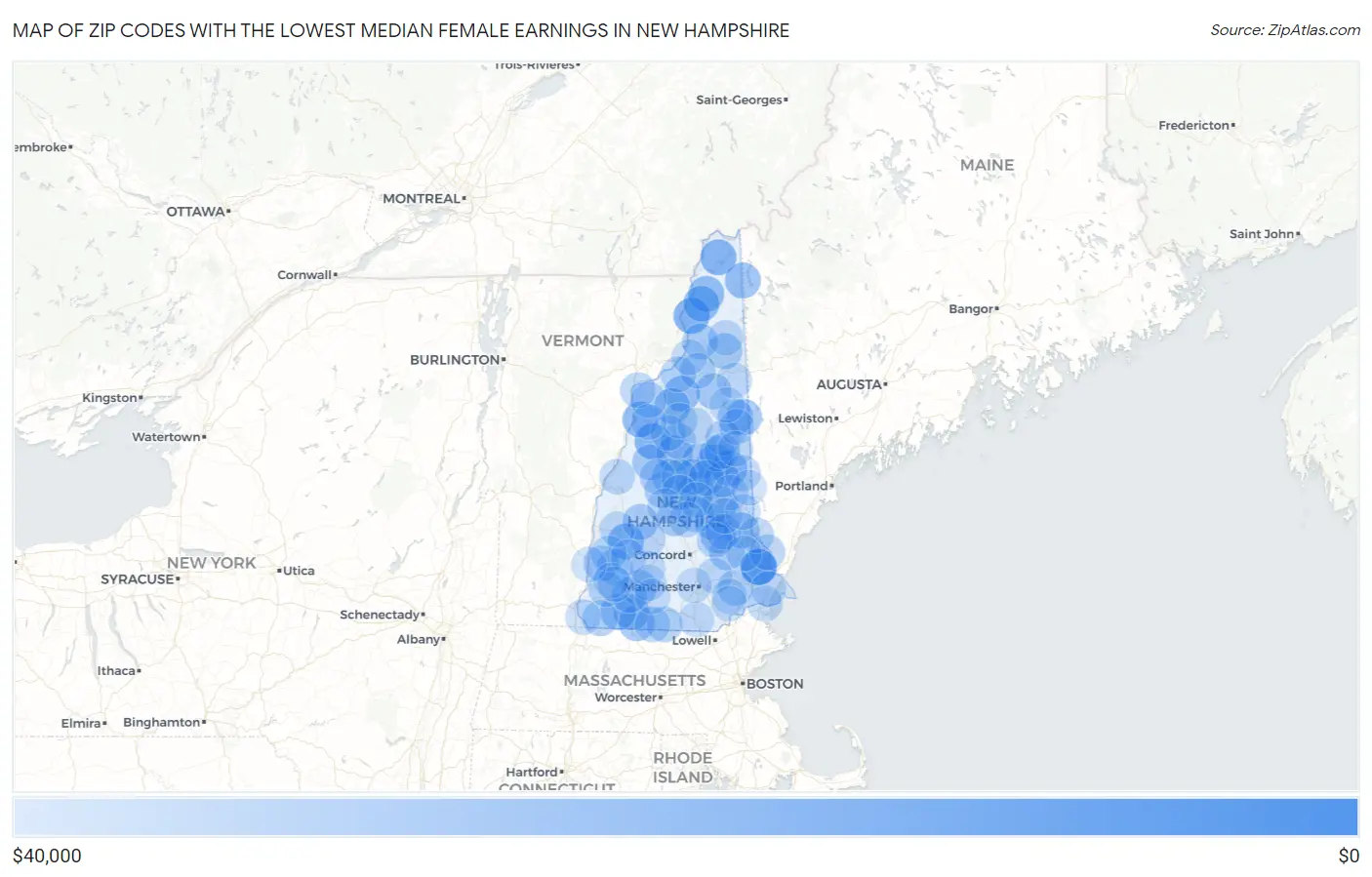 Zip Codes with the Lowest Median Female Earnings in New Hampshire Map