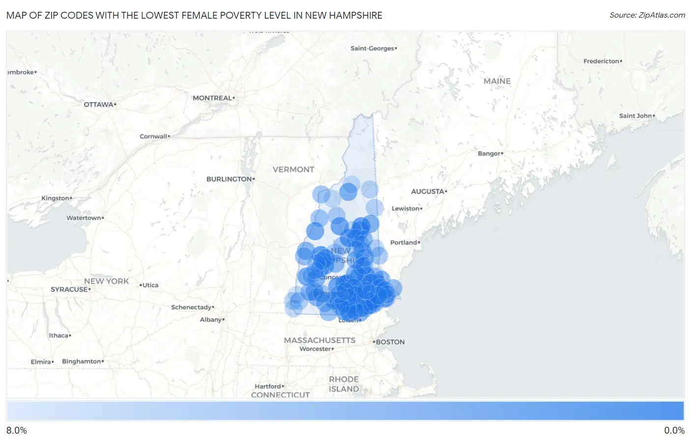 Zip Codes with the Lowest Female Poverty Level in New Hampshire Map