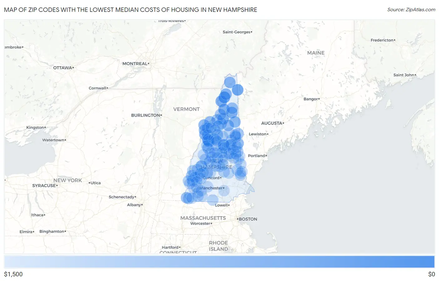 Zip Codes with the Lowest Median Costs of Housing in New Hampshire Map
