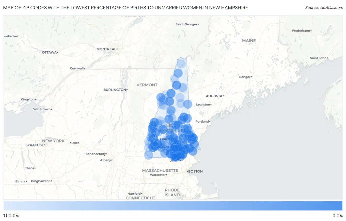 Zip Codes with the Lowest Percentage of Births to Unmarried Women in New Hampshire Map