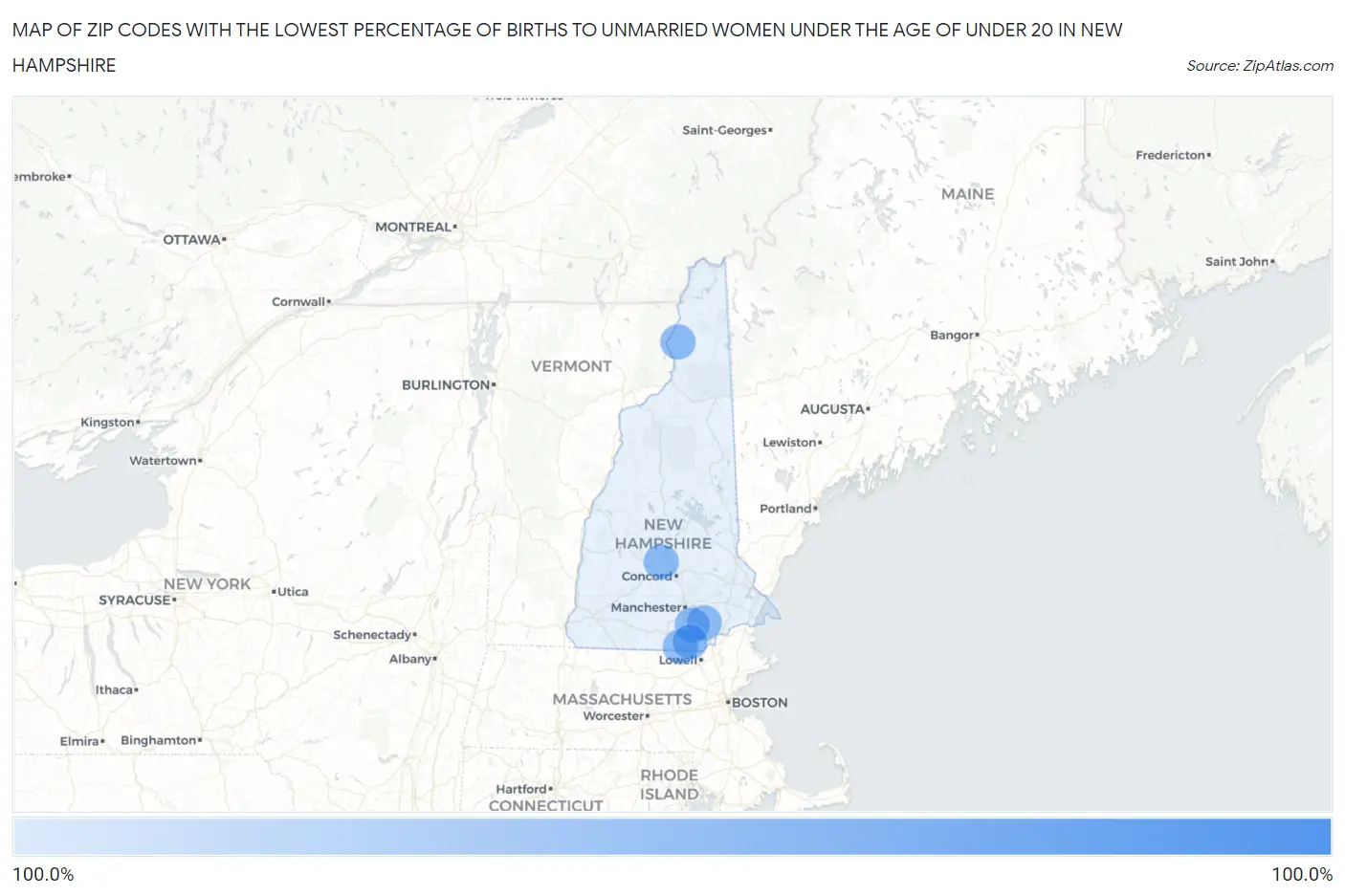 Zip Codes with the Lowest Percentage of Births to Unmarried Women under the Age of under 20 in New Hampshire Map