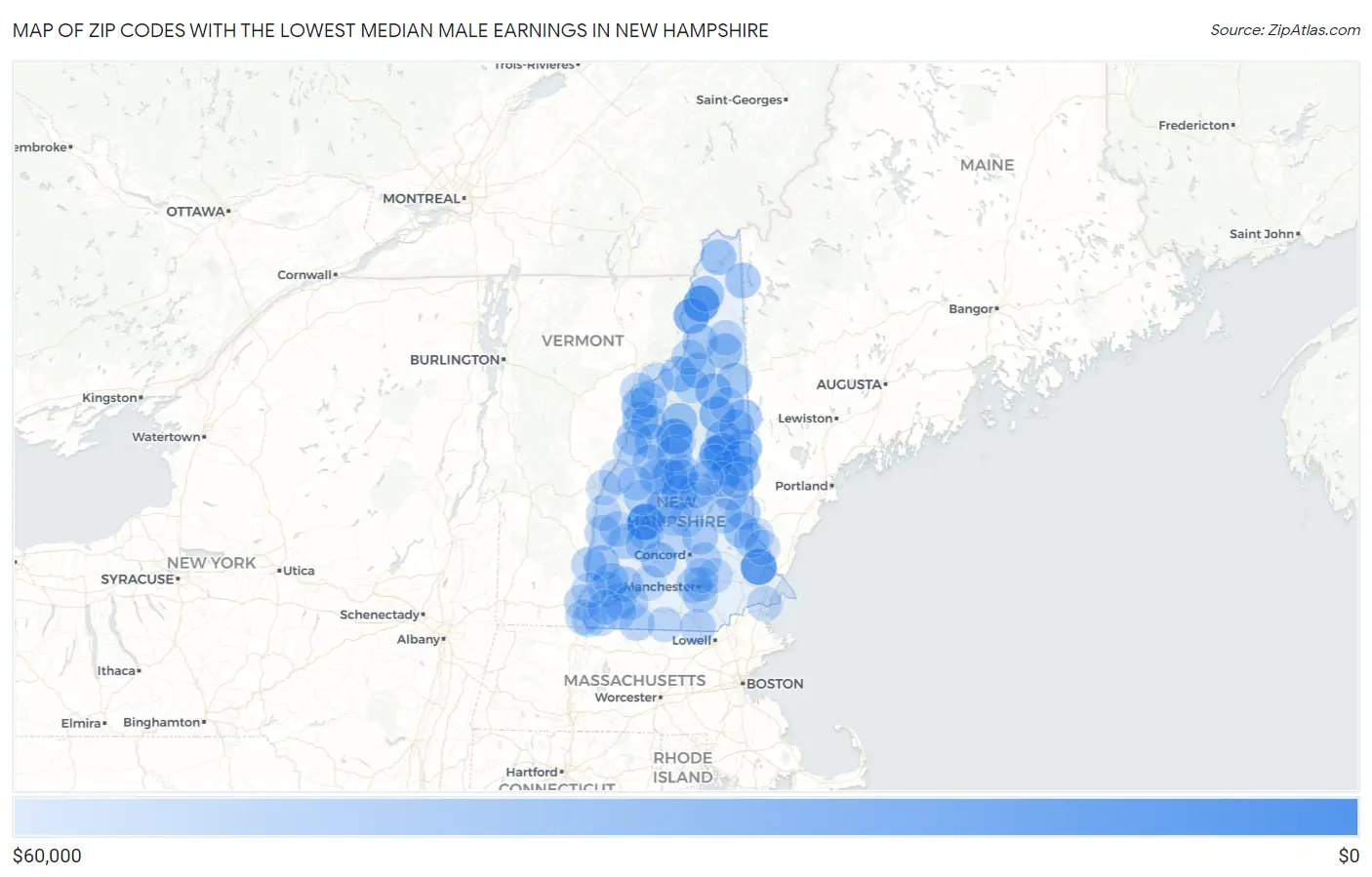 Zip Codes with the Lowest Median Male Earnings in New Hampshire Map