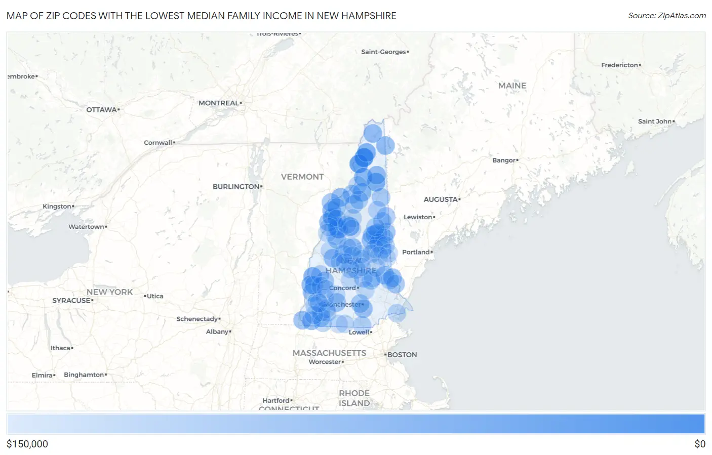 Zip Codes with the Lowest Median Family Income in New Hampshire Map