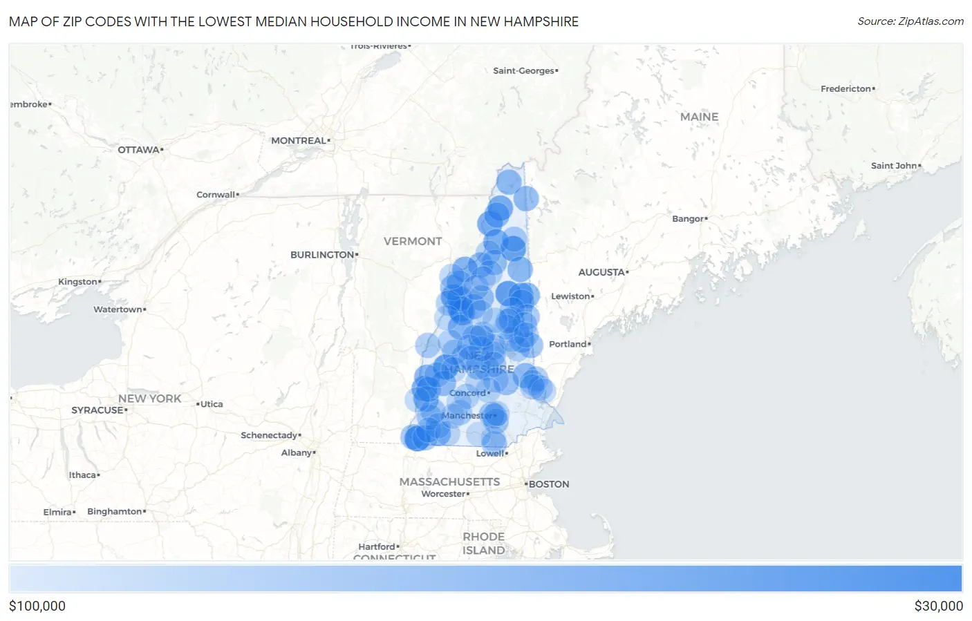 Zip Codes with the Lowest Median Household Income in New Hampshire Map