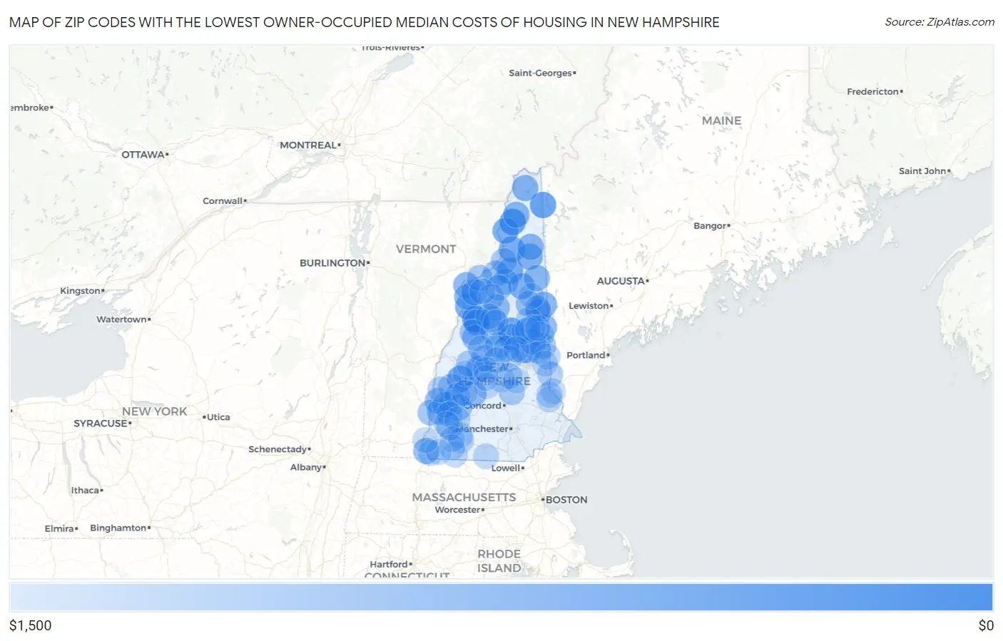 Zip Codes with the Lowest Owner-Occupied Median Costs of Housing in New Hampshire Map