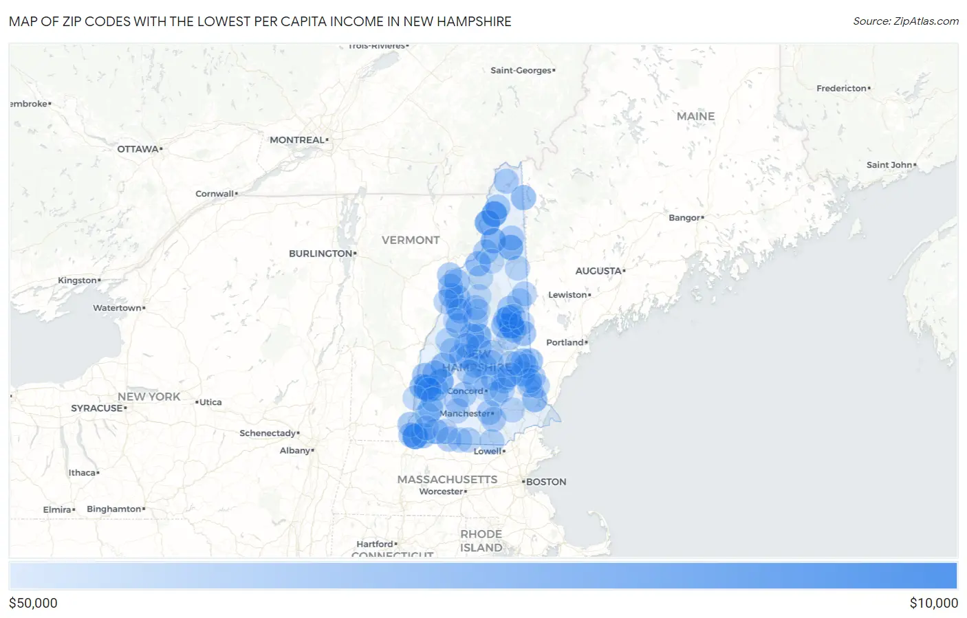 Zip Codes with the Lowest Per Capita Income in New Hampshire Map