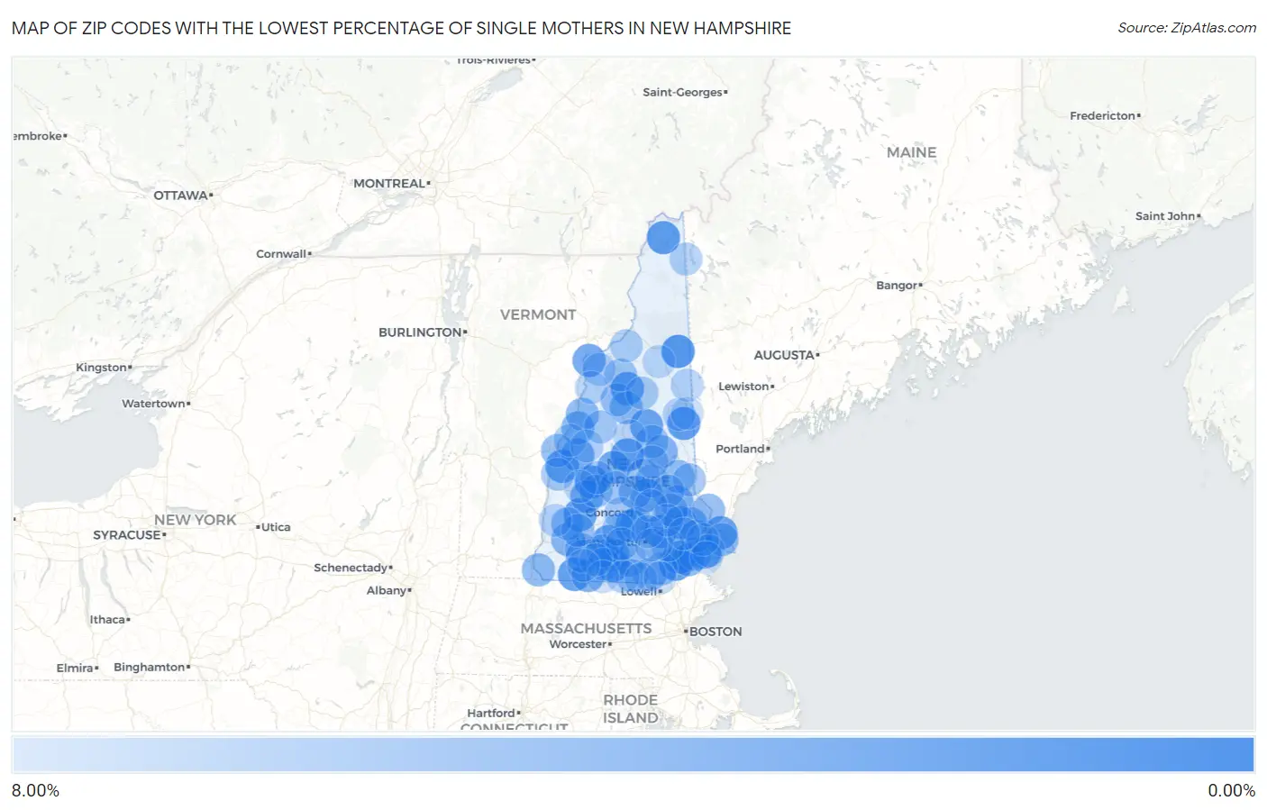 Zip Codes with the Lowest Percentage of Single Mothers in New Hampshire Map