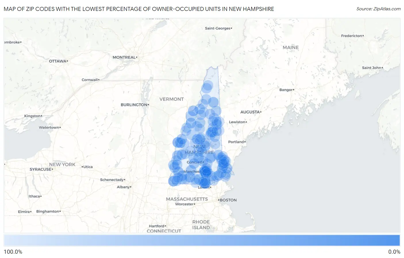 Zip Codes with the Lowest Percentage of Owner-Occupied Units in New Hampshire Map