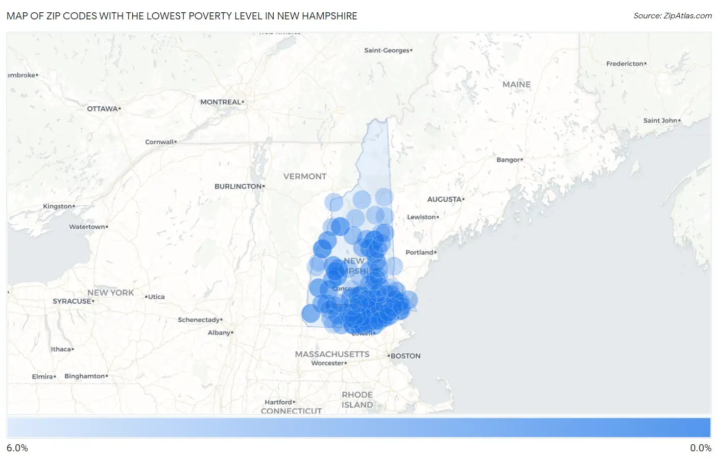 Zip Codes with the Lowest Poverty Level in New Hampshire Map