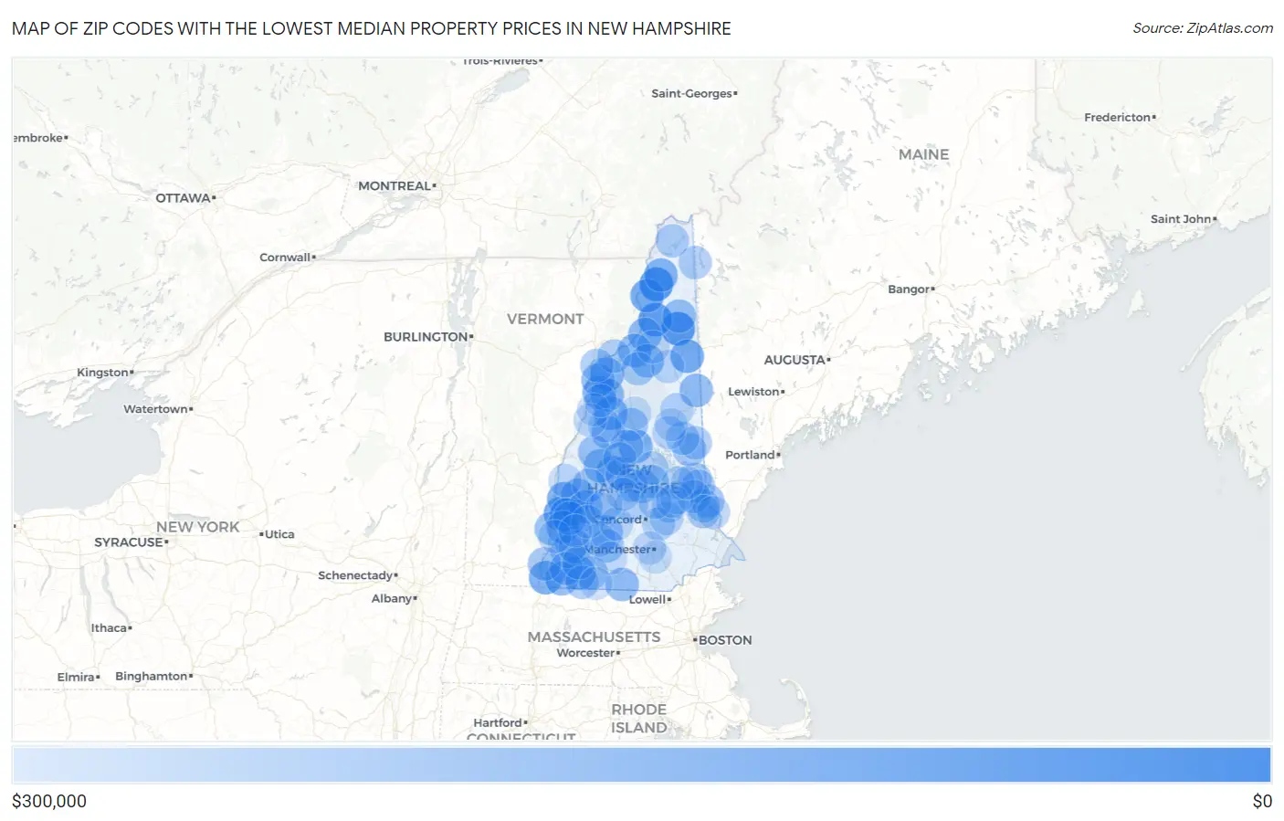 Zip Codes with the Lowest Median Property Prices in New Hampshire Map