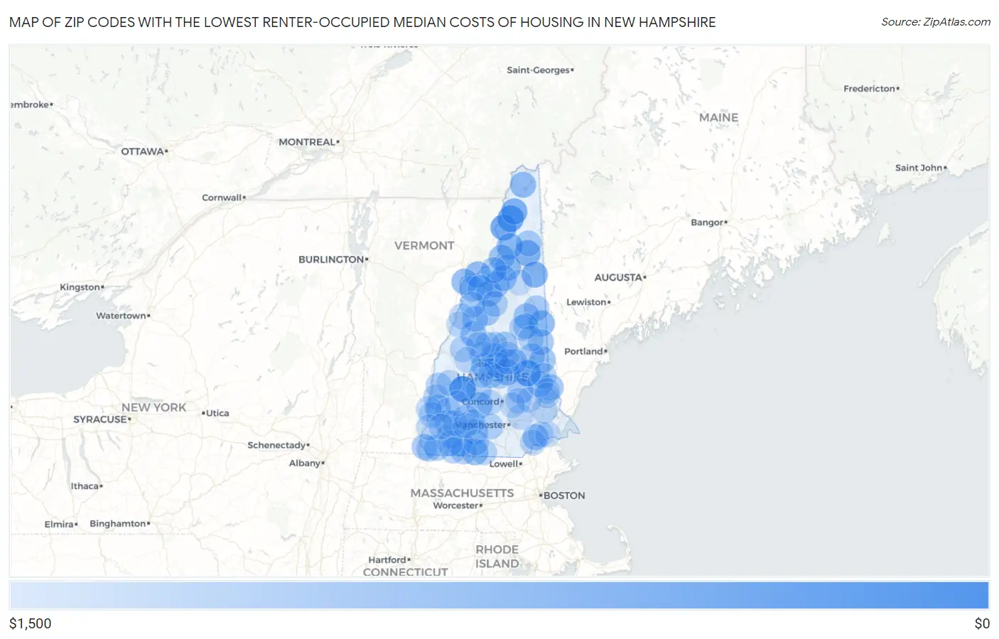 Zip Codes with the Lowest Renter-Occupied Median Costs of Housing in New Hampshire Map