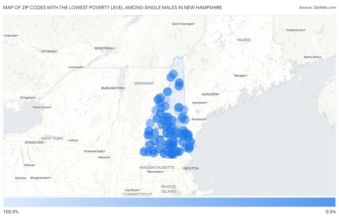 Zip Codes with the Lowest Poverty Level Among Single Males in New Hampshire Map
