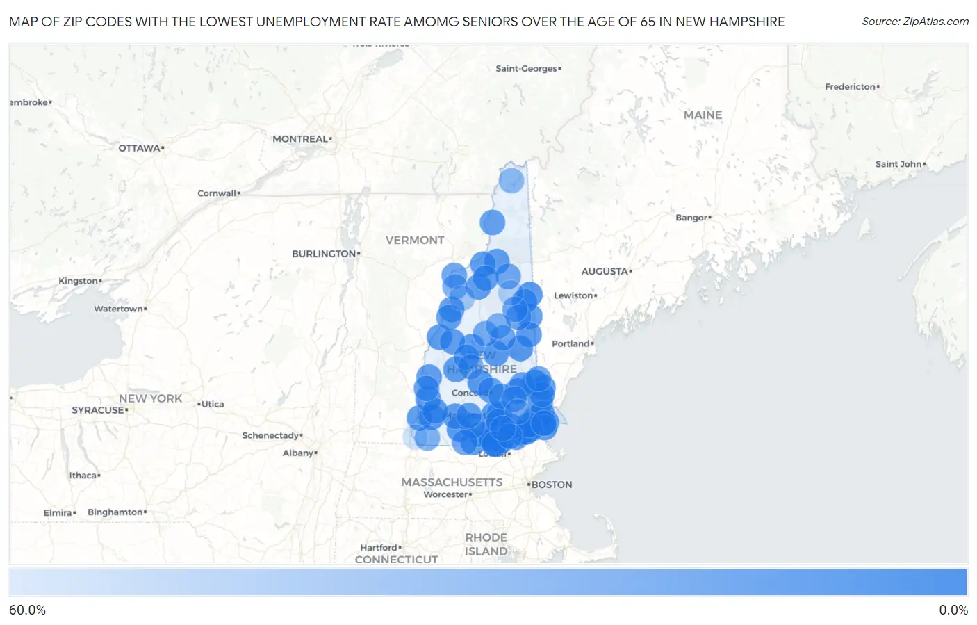 Zip Codes with the Lowest Unemployment Rate Amomg Seniors Over the Age of 65 in New Hampshire Map