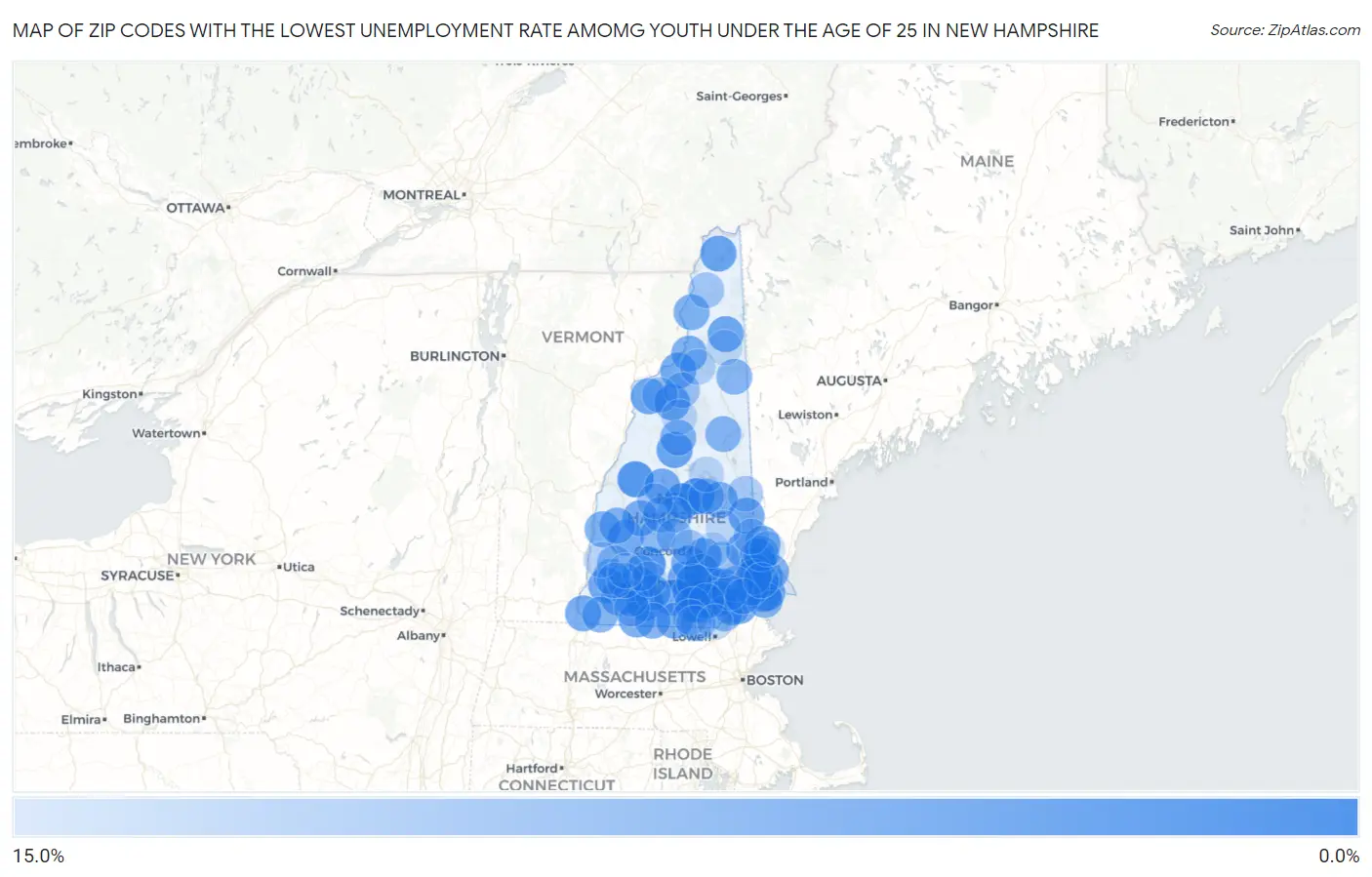 Zip Codes with the Lowest Unemployment Rate Amomg Youth Under the Age of 25 in New Hampshire Map
